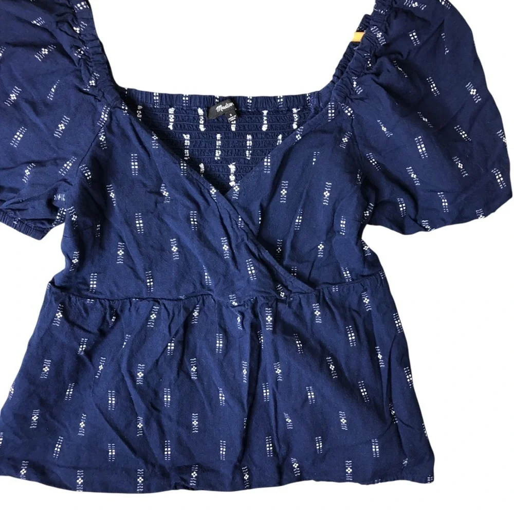 Madewell Puff Sleeve Empire Top Sz S Navy Blue Sweetheart Neck Jacquard Festival